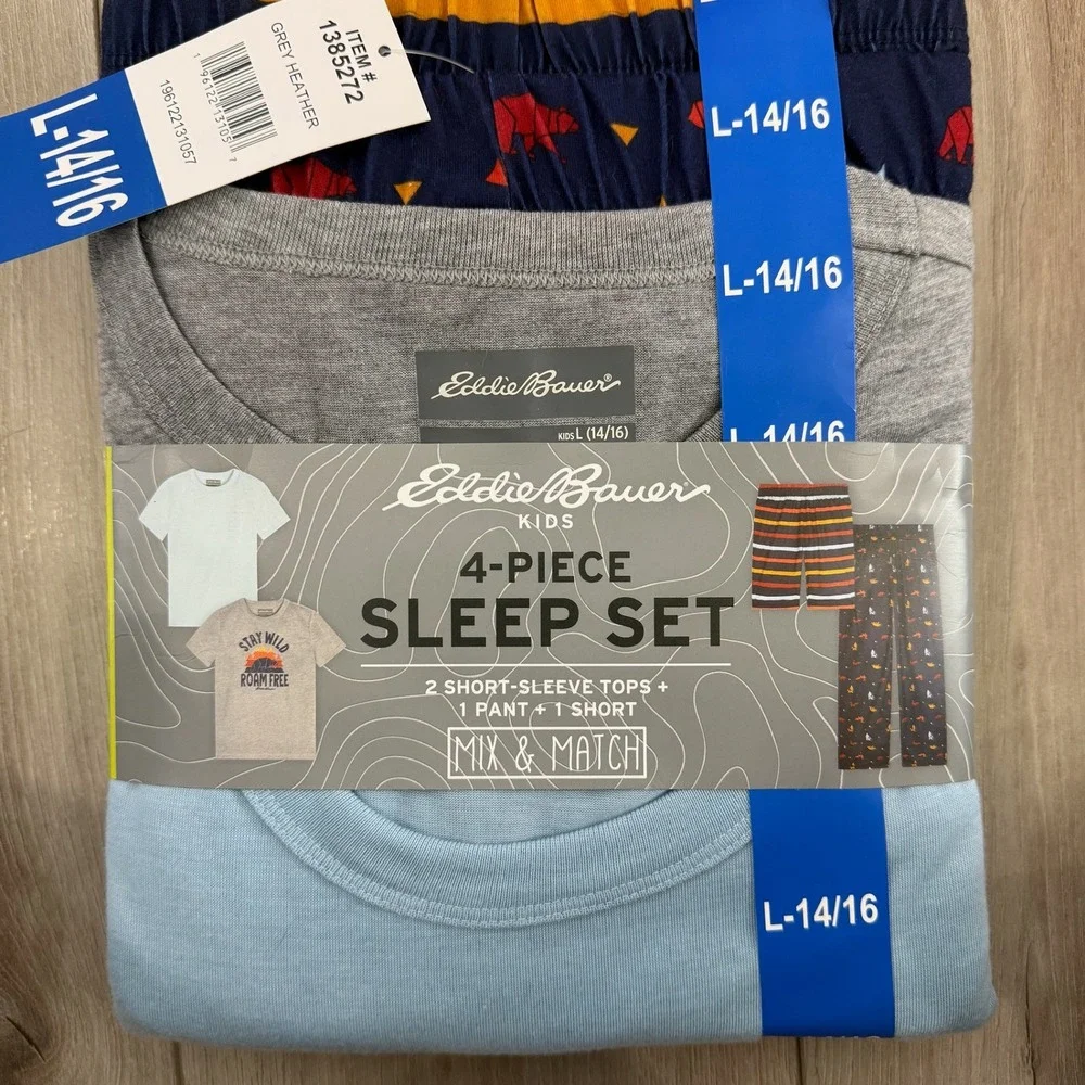 Eddie Bauer Kids 4 Piece Sleep Set Pajamas Grey Blue Bear Size L 14/16